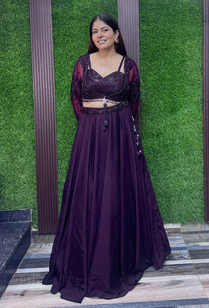 Spaghetti Style Embellished Blouse with Flared Lehenga & Full Sleeve Jacket