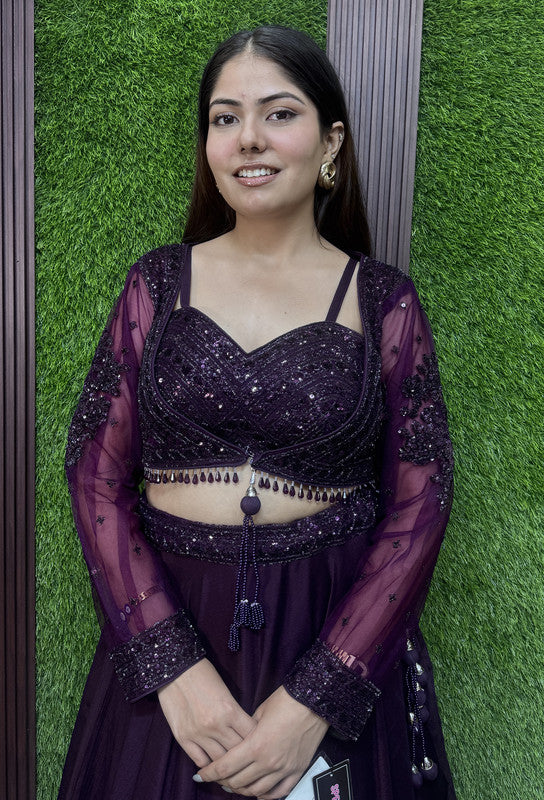 Spaghetti Style Embellished Blouse with Flared Lehenga & Full Sleeve Jacket