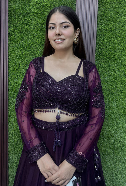 Spaghetti Style Embellished Blouse with Flared Lehenga & Full Sleeve Jacket