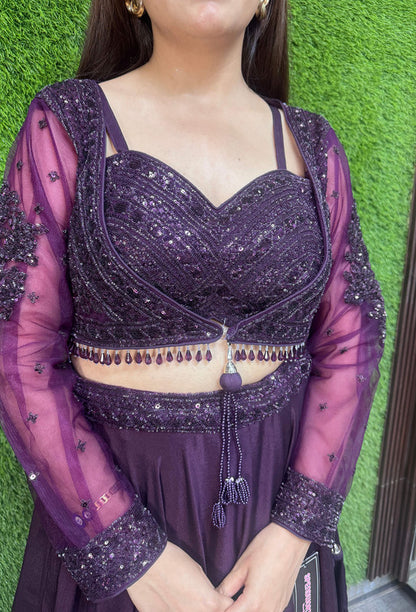 Spaghetti Style Embellished Blouse with Flared Lehenga & Full Sleeve Jacket