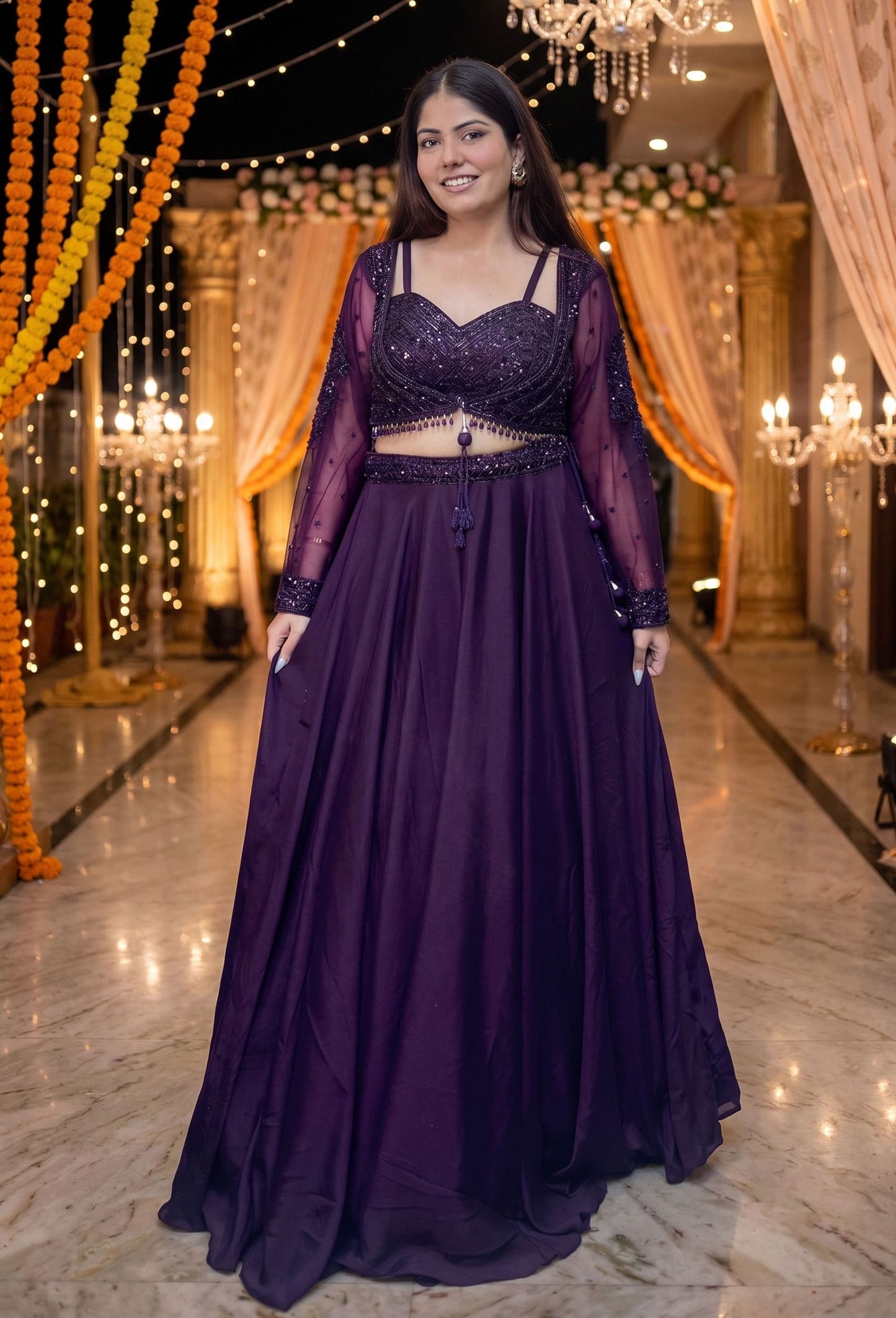 Spaghetti Style Embellished Blouse with Flared Lehenga & Full Sleeve Jacket