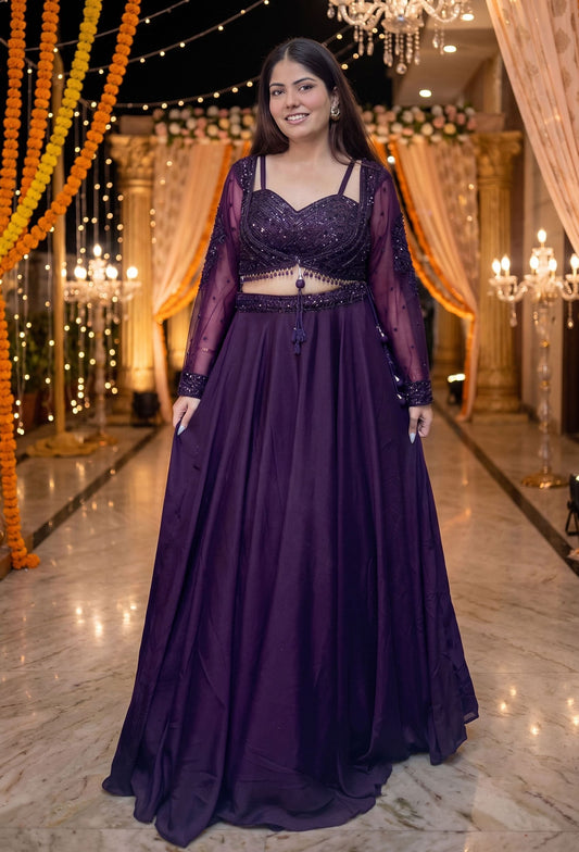 Spaghetti Style Embellished Blouse with Flared Lehenga & Full Sleeve Jacket