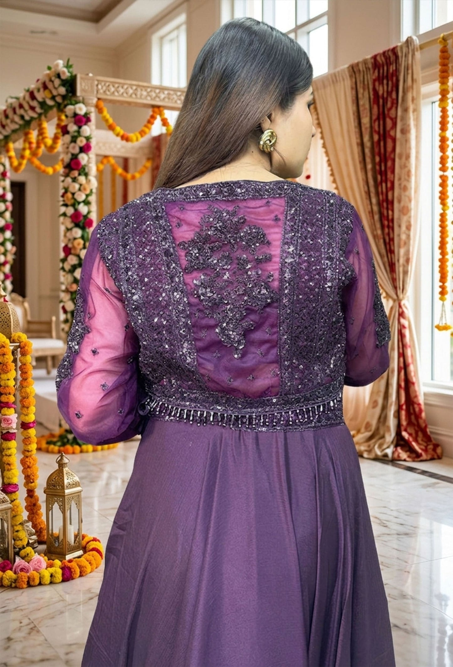 Spaghetti Style Embellished Blouse with Flared Lehenga & Full Sleeve Jacket