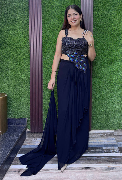 Designer One Side Peplum Blouse with Pleated Skirt & Georgette Dupatta