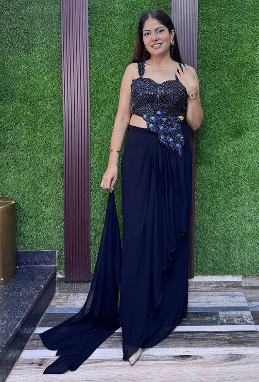 Designer One Side Peplum Blouse with Pleated Skirt & Georgette Dupatta