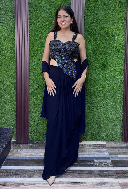 Designer One Side Peplum Blouse with Pleated Skirt & Georgette Dupatta