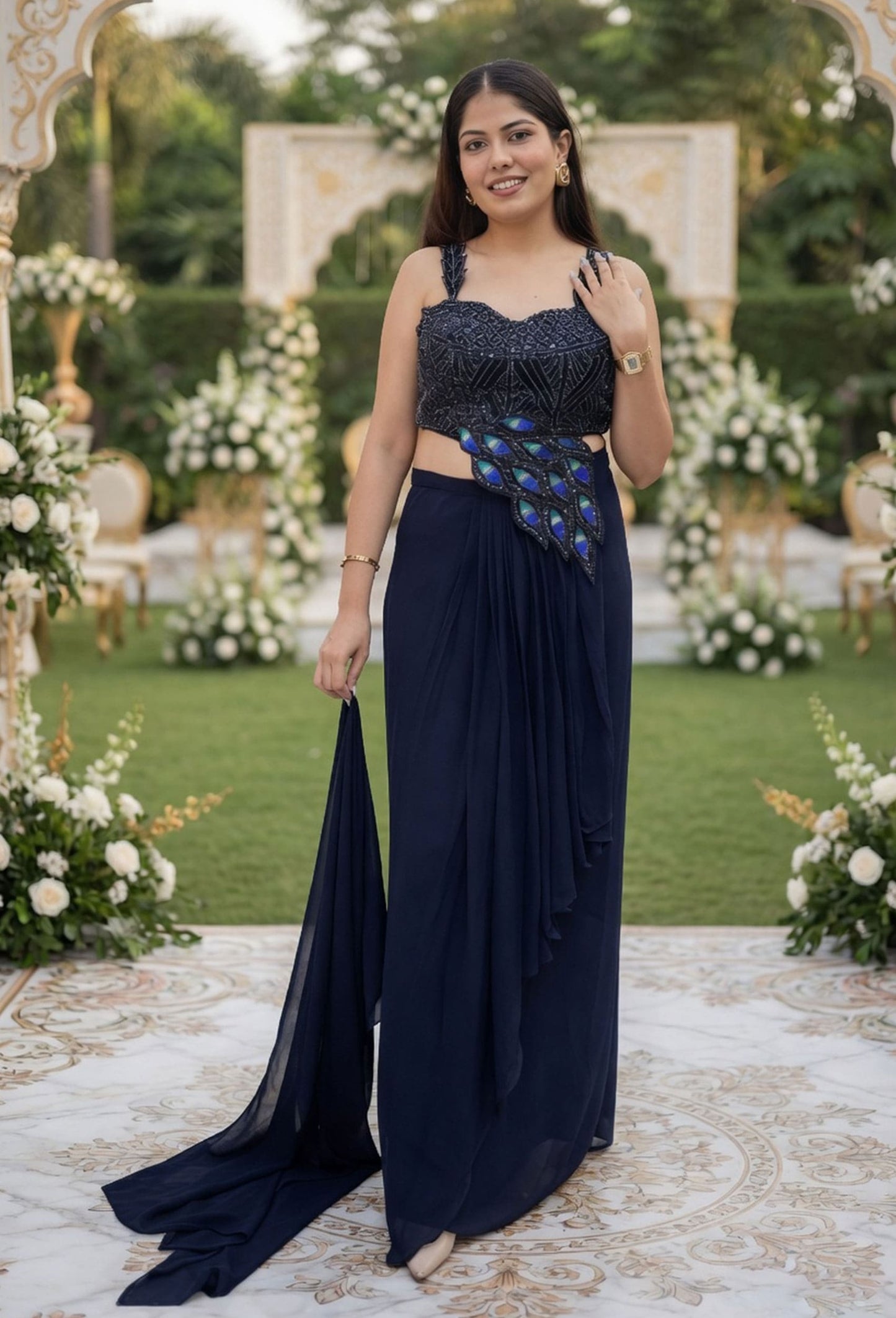 Designer One Side Peplum Blouse with Pleated Skirt & Georgette Dupatta