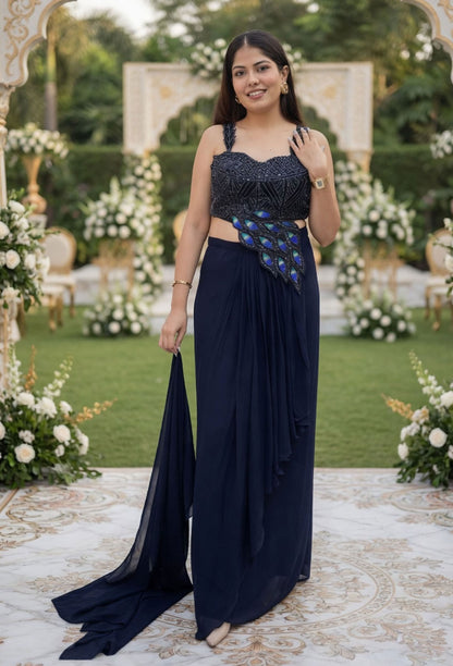 Designer One Side Peplum Blouse with Pleated Skirt & Georgette Dupatta