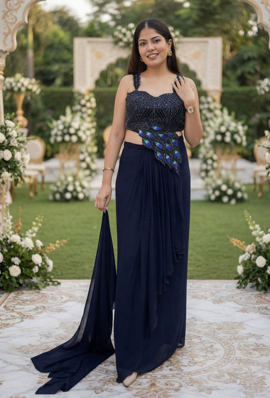 Designer One Side Peplum Blouse with Pleated Skirt & Georgette Dupatta