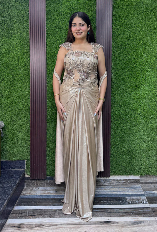 Beautiful Golden Corset Style Indo-Western Dress with Embellished Choker Dupatta