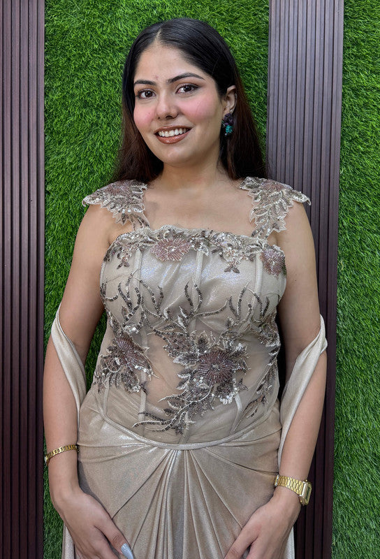 Beautiful Golden Corset Style Indo-Western Dress with Embellished Choker Dupatta