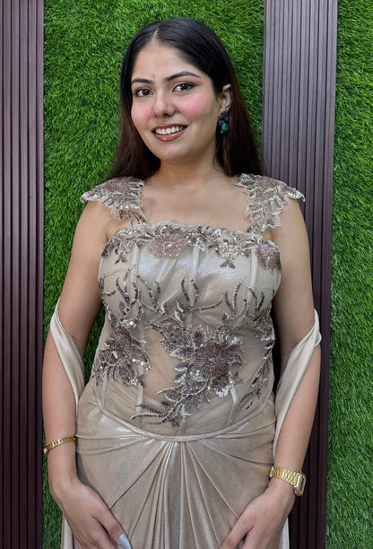Beautiful Golden Corset Style Indo-Western Dress with Embellished Choker Dupatta