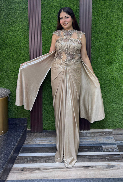 Beautiful Golden Corset Style Indo-Western Dress with Embellished Choker Dupatta