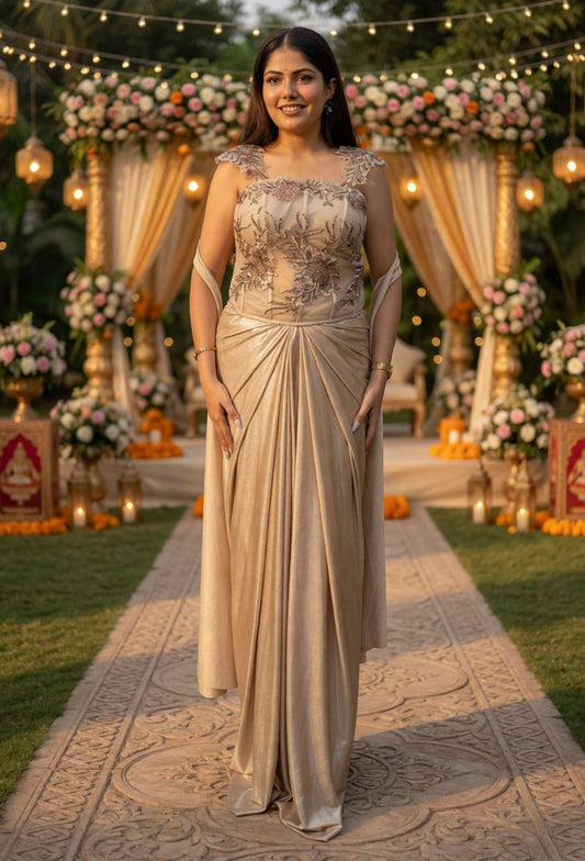Beautiful Golden Corset Style Indo-Western Dress with Embellished Choker Dupatta
