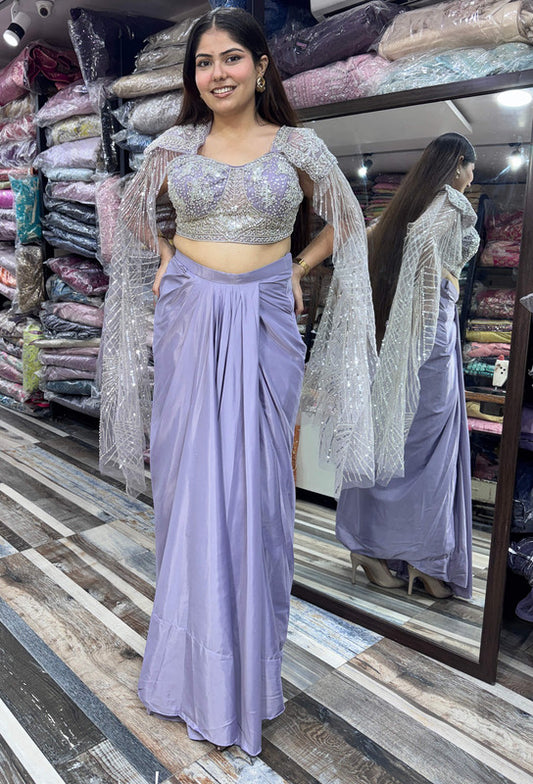 Long Sleeve Designer Blouse with Tulip Style Crop Top Skirt Indo-Western Dress