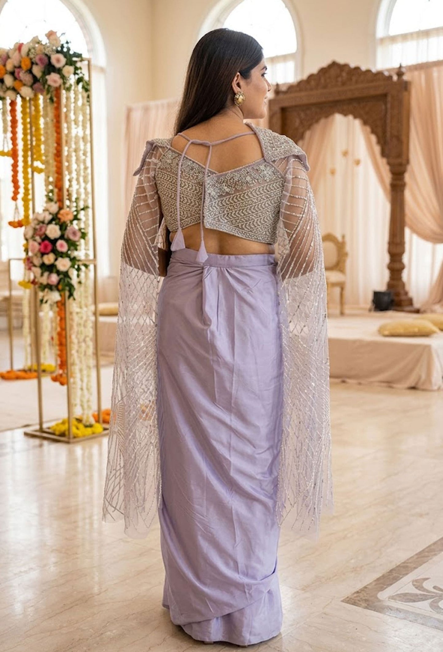 Long Sleeve Designer Blouse with Tulip Style Crop Top Skirt Indo-Western Dress