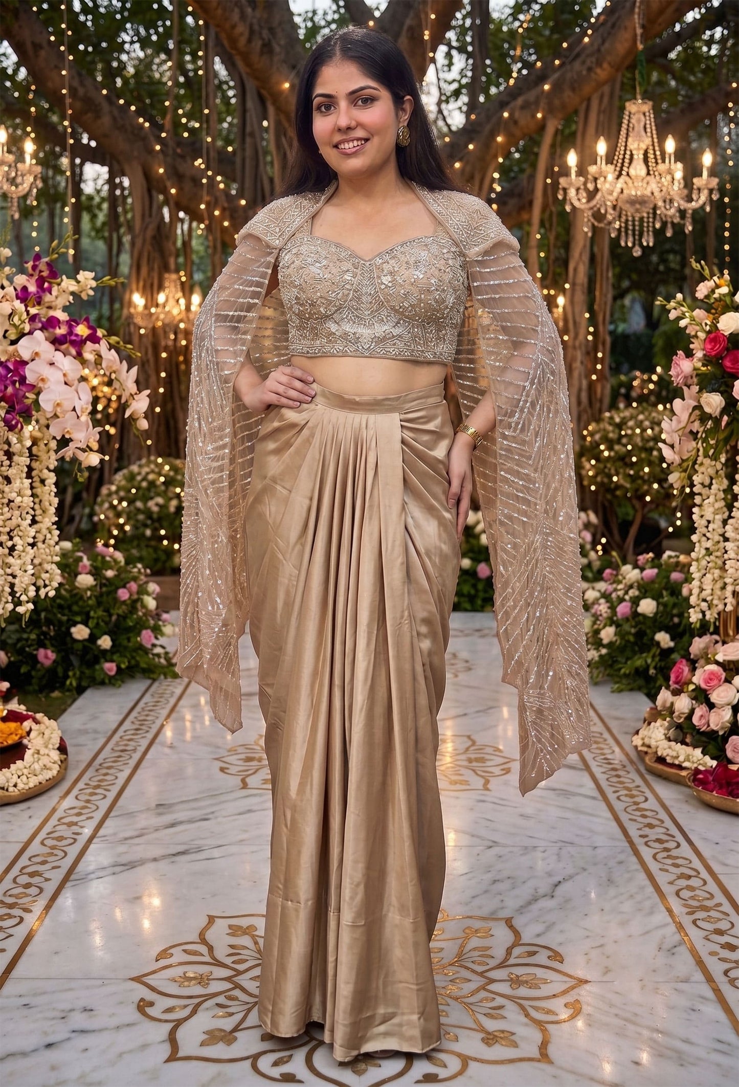 Long Sleeve Designer Blouse with Tulip Style Crop Top Skirt Indo-Western Dress