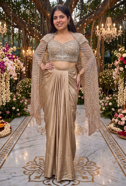 Long Sleeve Designer Blouse with Tulip Style Crop Top Skirt Indo-Western Dress