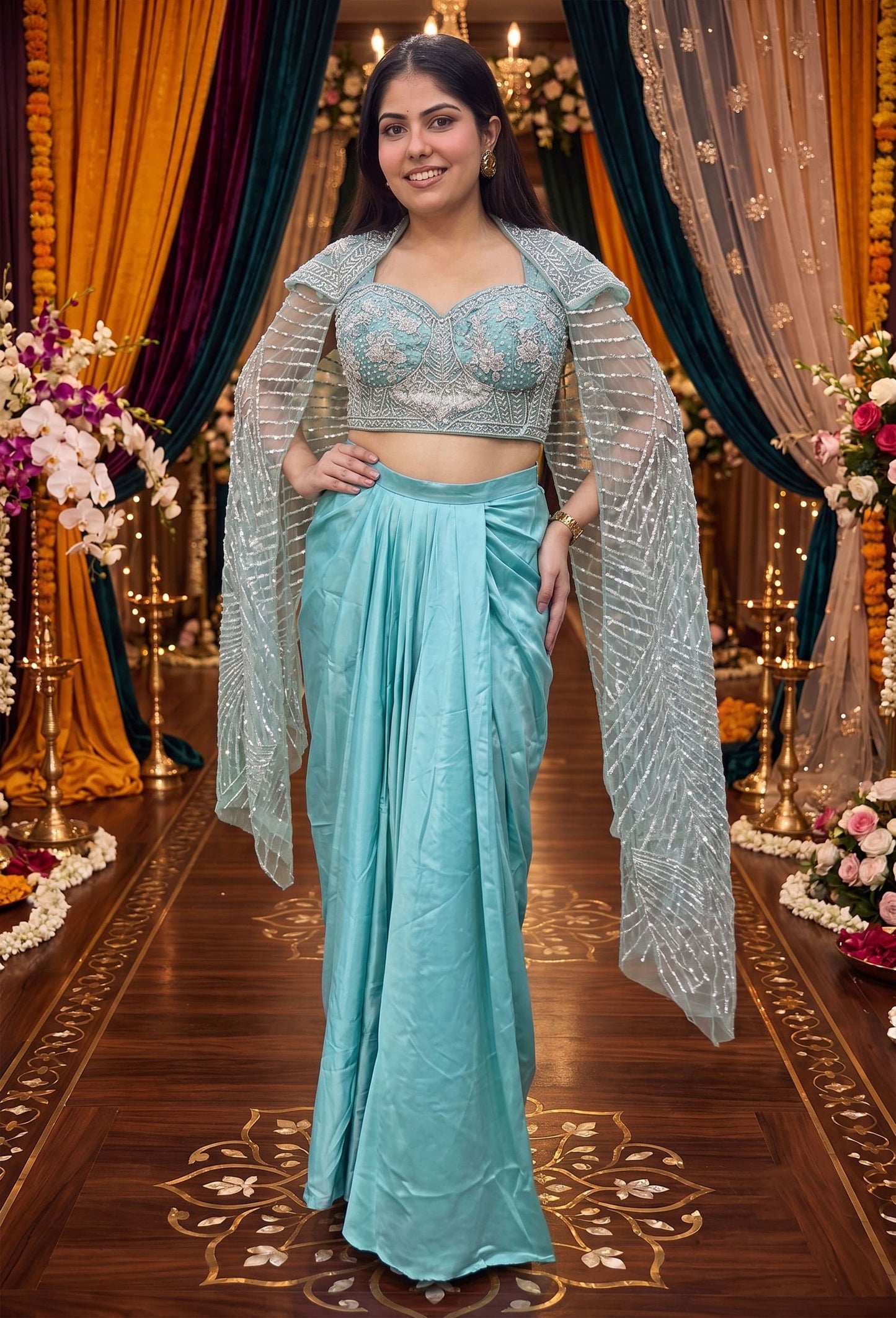 Long Sleeve Designer Blouse with Tulip Style Crop Top Skirt Indo-Western Dress
