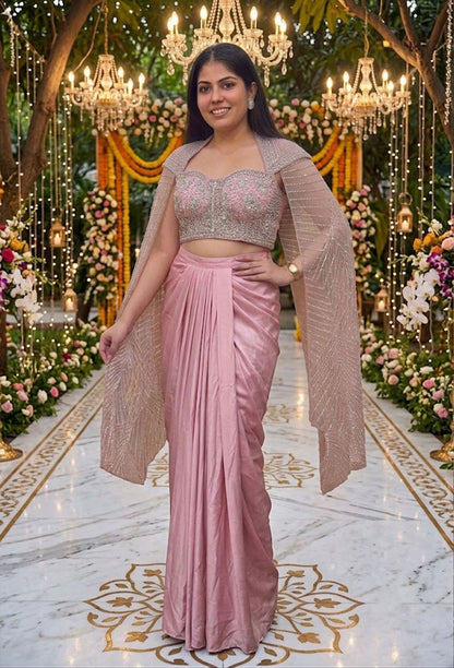 Long Sleeve Designer Blouse with Tulip Style Crop Top Skirt Indo-Western Dress