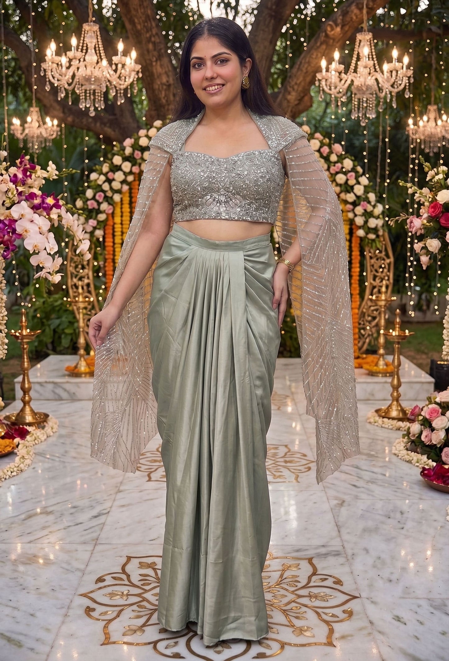 Long Sleeve Designer Blouse with Tulip Style Crop Top Skirt Indo-Western Dress