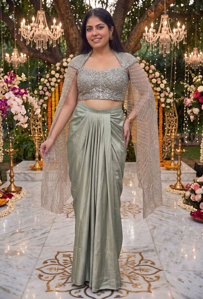 Long Sleeve Designer Blouse with Tulip Style Crop Top Skirt Indo-Western Dress