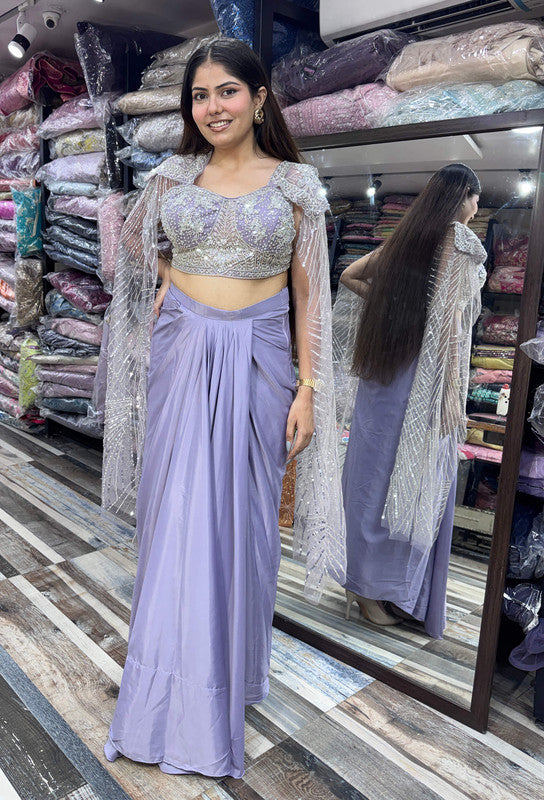 Long Sleeve Designer Blouse with Tulip Style Crop Top Skirt Indo-Western Dress