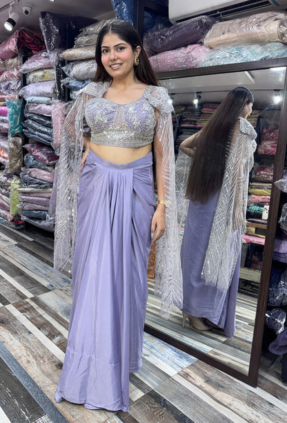 Long Sleeve Designer Blouse with Tulip Style Crop Top Skirt Indo-Western Dress