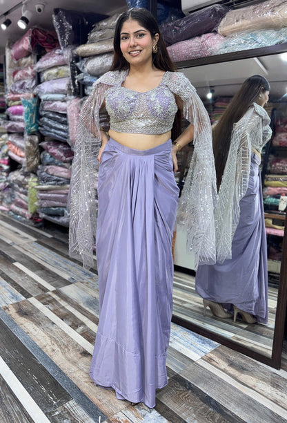 Long Sleeve Designer Blouse with Tulip Style Crop Top Skirt Indo-Western Dress