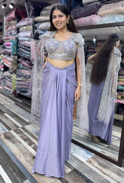 Long Sleeve Designer Blouse with Tulip Style Crop Top Skirt Indo-Western Dress