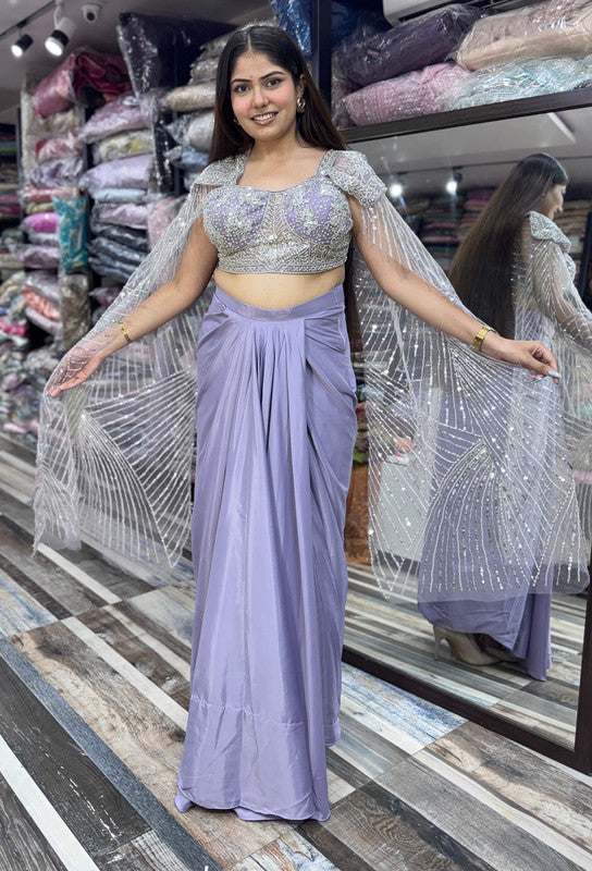 Long Sleeve Designer Blouse with Tulip Style Crop Top Skirt Indo-Western Dress