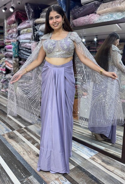 Long Sleeve Designer Blouse with Tulip Style Crop Top Skirt Indo-Western Dress