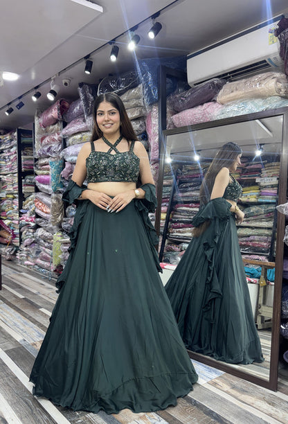 Designer Armani Satin Lehenga & Ruffle Dupatta with Cross Pattern Top