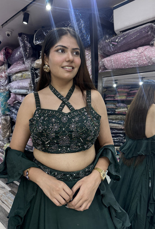 Designer Armani Satin Lehenga & Ruffle Dupatta with Cross Pattern Top