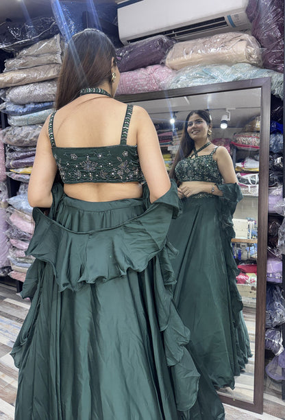 Designer Armani Satin Lehenga & Ruffle Dupatta with Cross Pattern Top