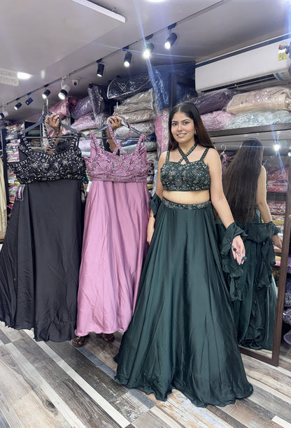 Designer Armani Satin Lehenga & Ruffle Dupatta with Cross Pattern Top