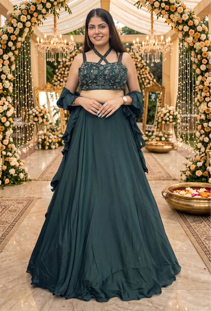 Designer Armani Satin Lehenga & Ruffle Dupatta with Cross Pattern Top