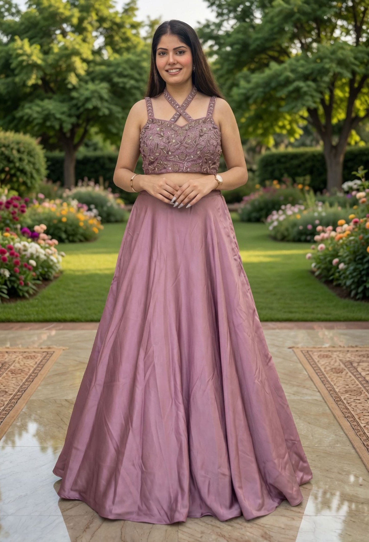 Designer Armani Satin Lehenga & Ruffle Dupatta with Cross Pattern Top