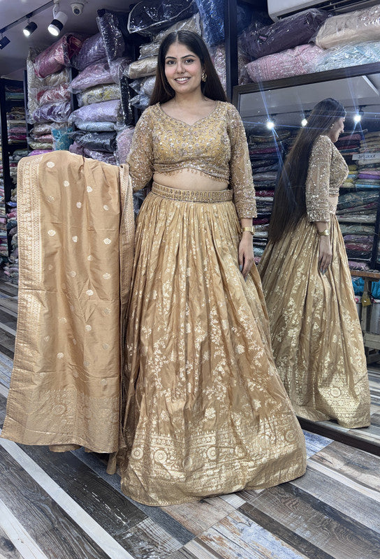 Pure Banarasi Golden Full Sleeve Blouse & Lehenga with Dupatta