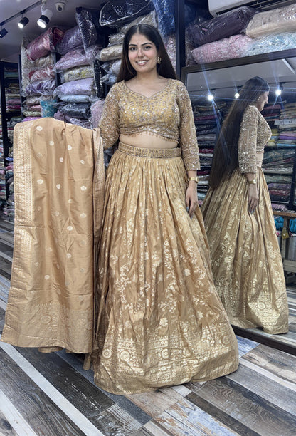 Pure Banarasi Golden Full Sleeve Blouse & Lehenga with Dupatta