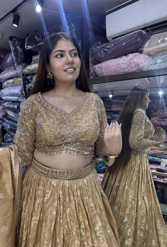 Pure Banarasi Golden Full Sleeve Blouse & Lehenga with Dupatta
