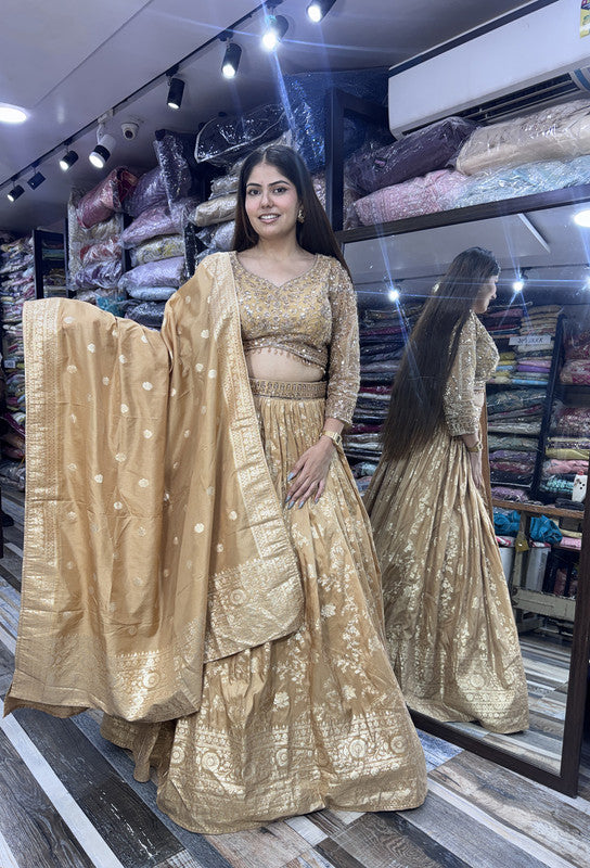 Pure Banarasi Golden Full Sleeve Blouse & Lehenga with Dupatta