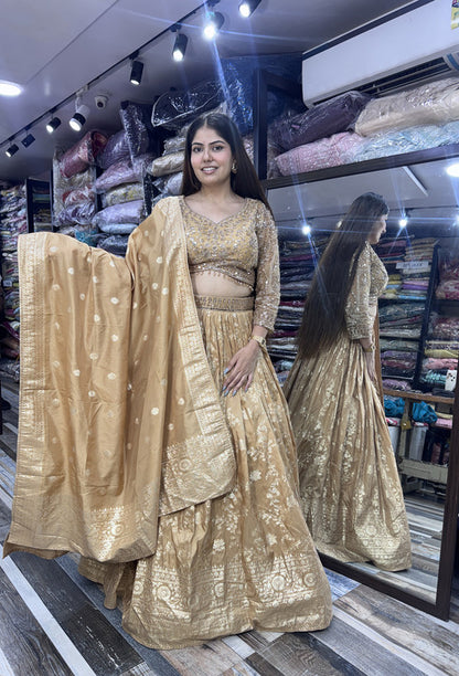 Pure Banarasi Golden Full Sleeve Blouse & Lehenga with Dupatta