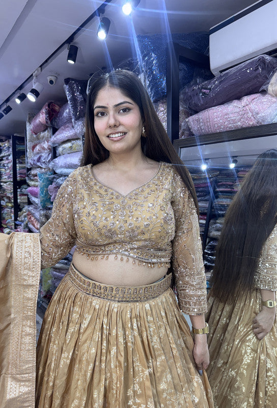 Pure Banarasi Golden Full Sleeve Blouse & Lehenga with Dupatta