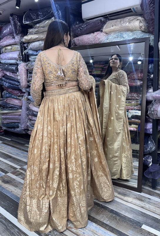 Pure Banarasi Golden Full Sleeve Blouse & Lehenga with Dupatta