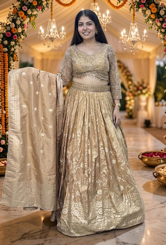 Pure Banarasi Golden Full Sleeve Blouse & Lehenga with Dupatta