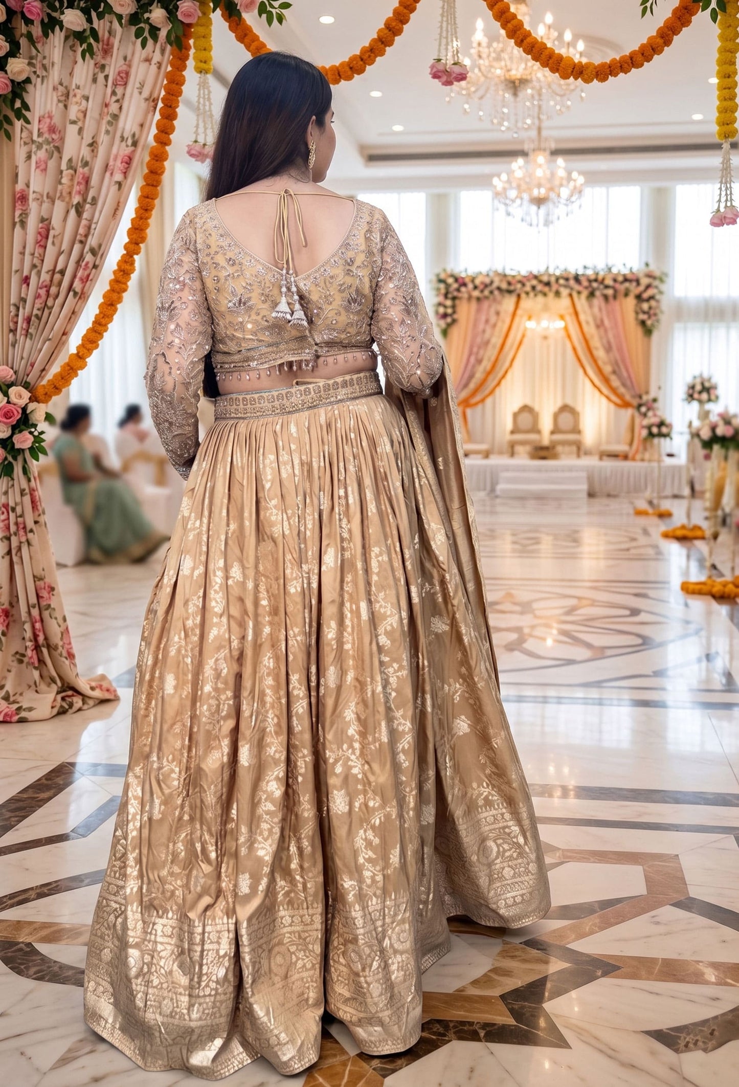 Pure Banarasi Golden Full Sleeve Blouse & Lehenga with Dupatta