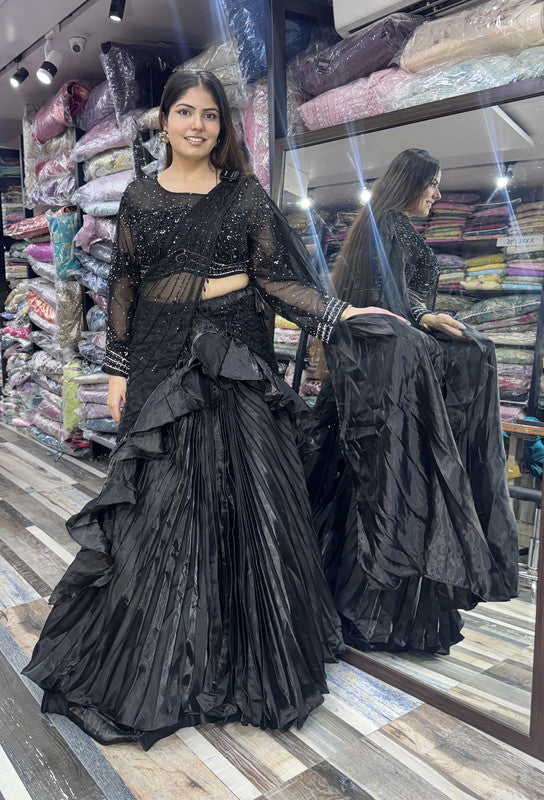 Organza Silk Designer Full Sleeve Embellished Crop Top Skirt with Black Drape Pallu