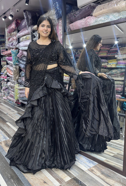 Organza Silk Designer Full Sleeve Embellished Crop Top Skirt with Black Drape Pallu