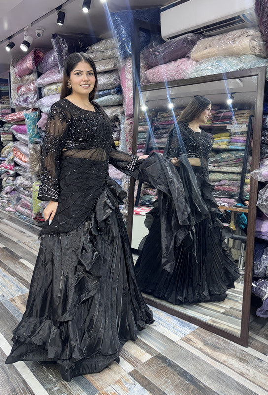 Organza Silk Designer Full Sleeve Embellished Crop Top Skirt with Black Drape Pallu